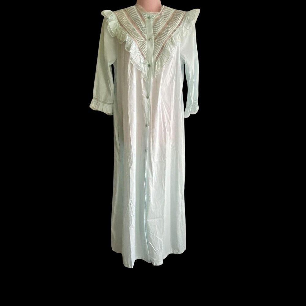 Vintage Barbizon Nightgown Womens Petite Blue Ruffle Lace Long Sleeve Maxi 80s